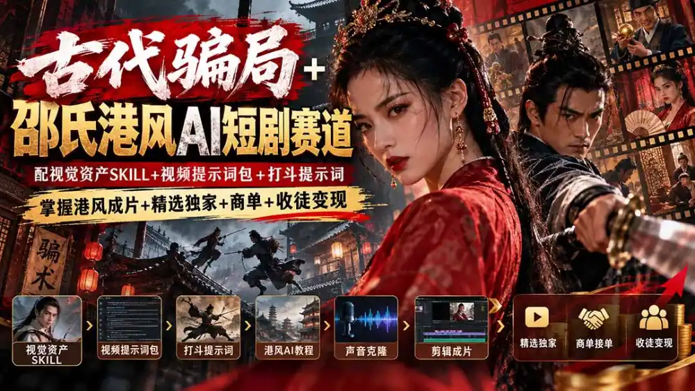 古代骗局+邵氏港风AI短剧赛道:配视觉资产SKILL+视频提示词包+打斗提示词,掌握港风成片+精选独家+商单+收徒变现-二当家网创资源站