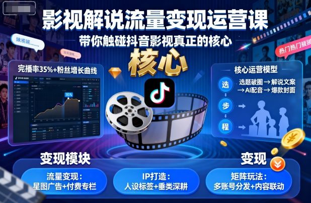 影视解说流量变现运营课，带你触碰抖音影视真正的核心-二当家网创资源站