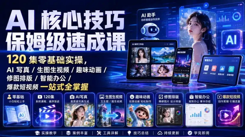 AI核心技巧保姆级速成课|120集零基础实操,AI写真/生图生视频/趣味动画/修图排版/智能办公/爆款短视频一站式全掌握-二当家网创资源站