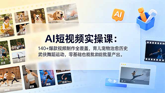 AI短视频实操课：140+爆款视频制作全覆盖，育儿宠物治愈历史武侠舞蹈运动，零基础也能批量产出-二当家网创资源站
