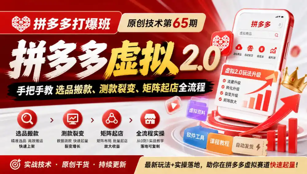 《拼多多打爆班》原创技术第65期，拼多多虚拟2.0，手把手教选品搬款、测款裂变、矩阵起店全流程-二当家网创资源站