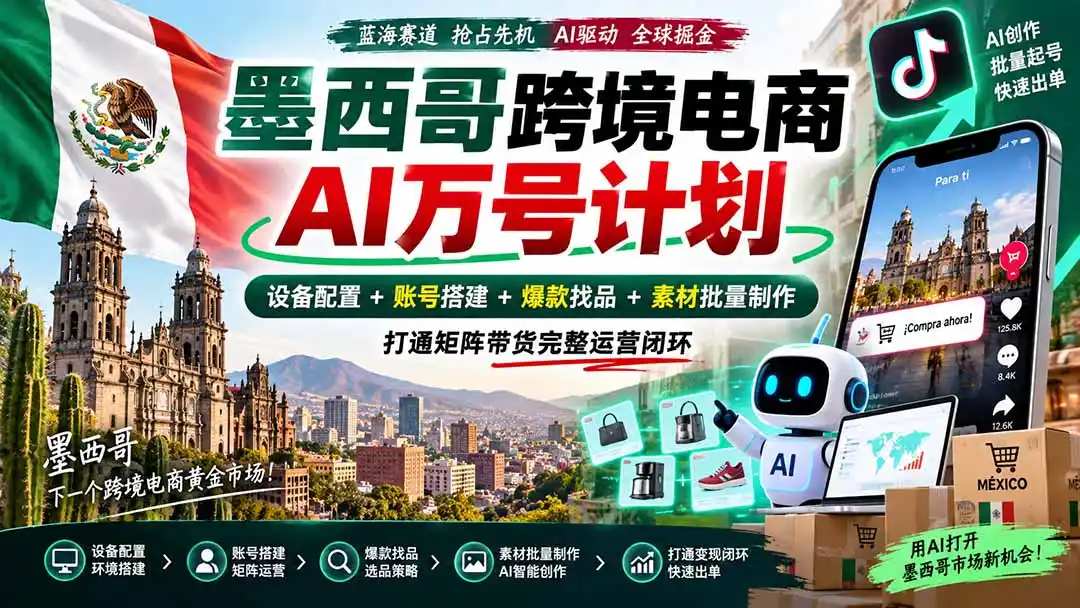 墨西哥AI跨境电商万号计划|设备配置+账号搭建+爆款找品+素材批量制作,打通矩阵带货完整运营闭环-二当家网创资源站