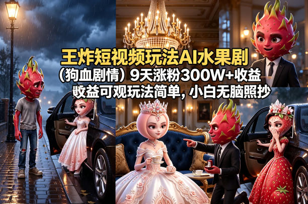 王炸短视频玩法AI水果剧(狗血剧情)9天涨粉300W+收益可观玩法简单，小白无脑照抄，详细拆解玩法-二当家网创资源站
