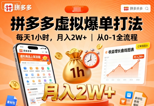 拼多多虚拟爆单打法，每天1小时，月入2W+，从0-1全流程-二当家网创资源站