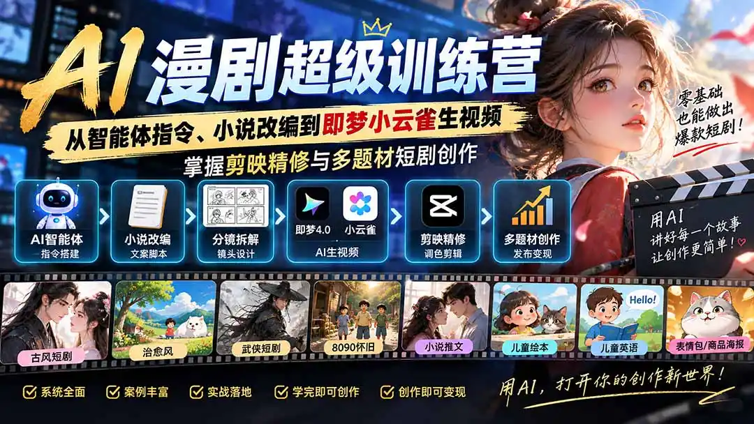 AI漫剧超级特训营:从智能体指令、小说改编到即梦小云雀生视频,掌握剪映精修与多题材短剧创作-二当家网创资源站
