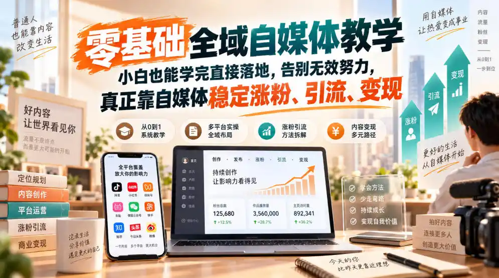 零基础全域自媒体教学,小白也能学完直接落地,告别无效努力,真正靠自媒体稳定涨粉、引流、变现-二当家网创资源站