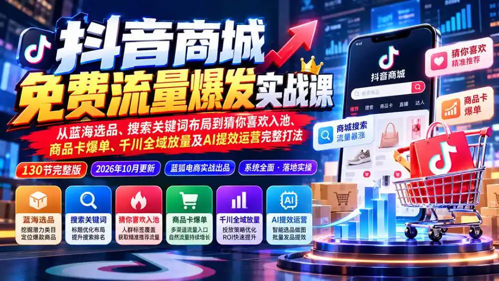 抖音商城免费流量爆发实战：从蓝海选品、搜索关键词布局到猜你喜欢入池、商品卡爆单、千川全域放量及AI提效完整打法-二当家网创资源站