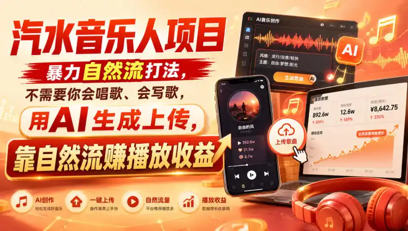 汽水音乐人项目，暴力自然流打法，不需要你会唱歌、会写歌，用AI生成上传，靠自然流賺播放收益-二当家网创资源站
