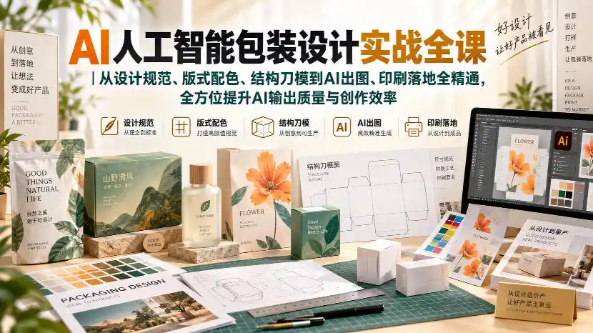 AI人工智能包装设计实战全课｜从设计规范、版式配色、结构刀模到AI出图、印刷落地全精通-二当家网创资源站