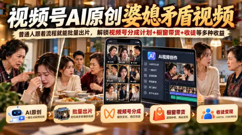 视频号ai原创婆媳矛盾视频，普通人跟着流程就能批量出片，解锁视频号分成计划+橱窗带货+收徒等多种收益-二当家网创资源站