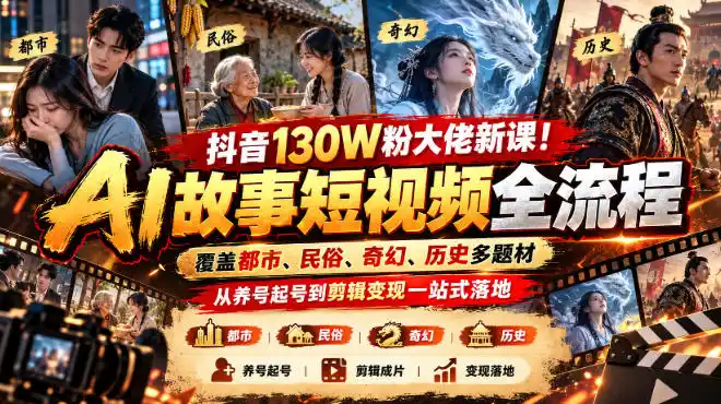 抖音130W粉大佬新课！AI故事短视频全流程，覆盖都市、民俗、奇幻、历史多题材，从养号起号到剪辑变现一站式落地-二当家网创资源站