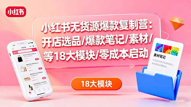小红书无货源爆款复制营：开店选品/爆款笔记/素材/等18大模块/零成本启动-二当家网创资源站