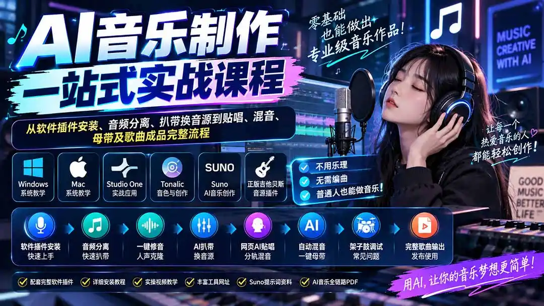 AI音乐制作一站式实战课程:从软件插件安装、音频分离、扒带换音源到贴唱、混音、母带及歌曲成品完整流程-二当家网创资源站