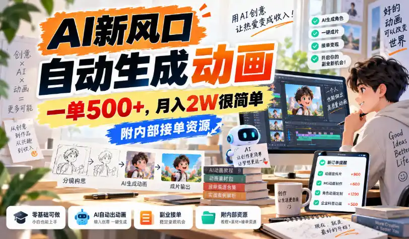 AI新风口，自动生成动画，一单500+，月入2W很简单，附内部接单资源【揭秘】-二当家网创资源站