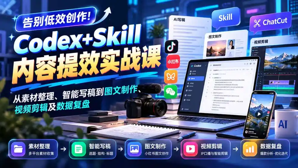 【无水印】告别低效创作！Codex+Skill内容提效实战课：从素材整理、智能写稿到图文制作、视频剪辑及数据复盘-二当家网创资源站