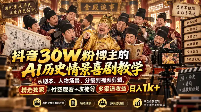 抖音30W粉博主的AI历史情景喜剧教学,从剧本、人物场景、分镜到视频剪辑,精选独家+付费观看+收徒等多渠道收益日入1k+-二当家网创资源站