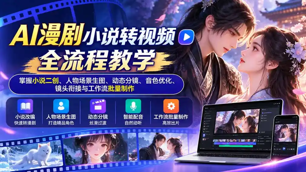 AI漫剧小说转视频全流程教学：掌握小说二创、人物场景生图、动态分镜、音色优化、镜头衔接与工作流批量制作-二当家网创资源站