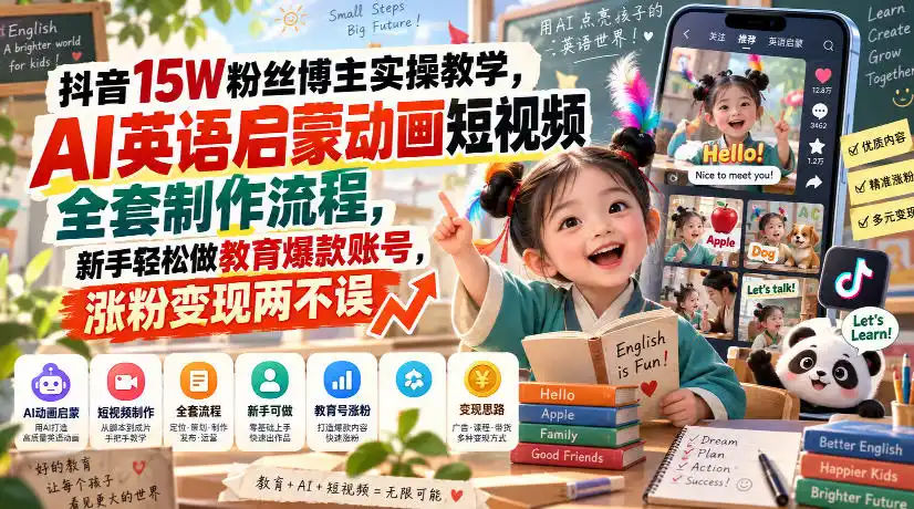 抖音15W粉丝博主实操教学,AI英语启蒙动画短视频全套制作流程,新手轻松做教育爆款账号,涨粉变现两不误-二当家网创资源站