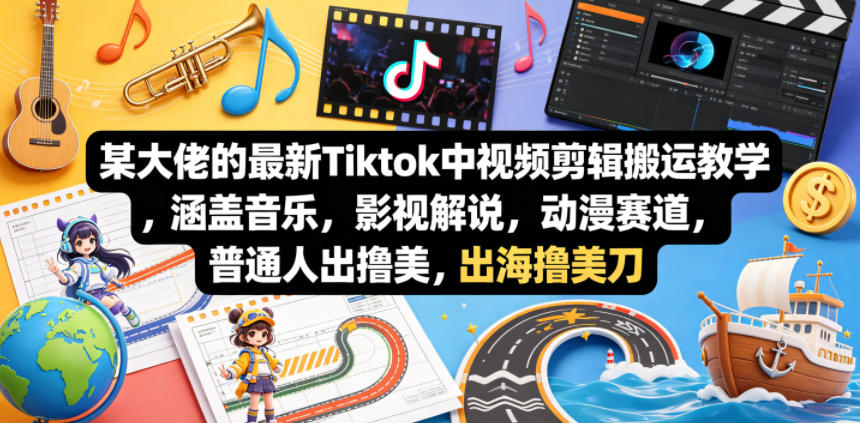 某大佬的最新Tiktok中视频剪辑搬运教学，涵盖音乐，影视解说，动漫赛道，普通人出海撸美刀-二当家网创资源站