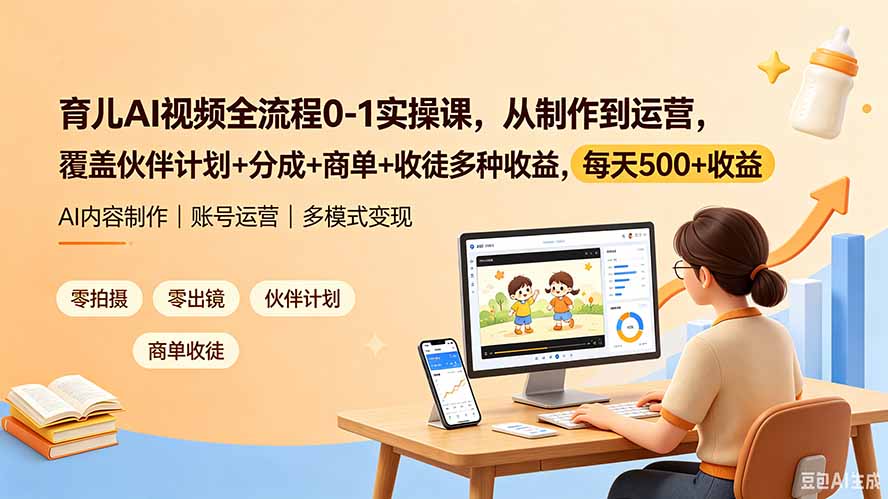 育儿AI视频全流程0-1实操课，从制作到运营，覆盖伙伴计划+分成+商单+收徒多种收益，每天500+收益-二当家网创资源站