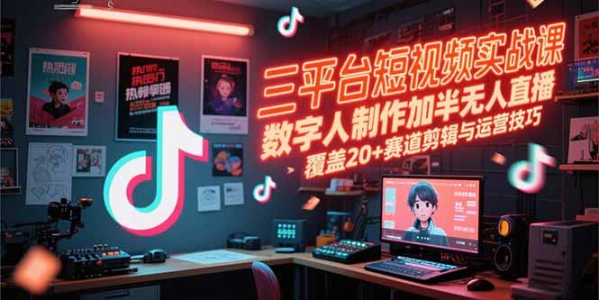 三平台短视频实战课，数字人制作加半无人直播，覆盖20+赛道剪辑与运营技巧-二当家网创资源站