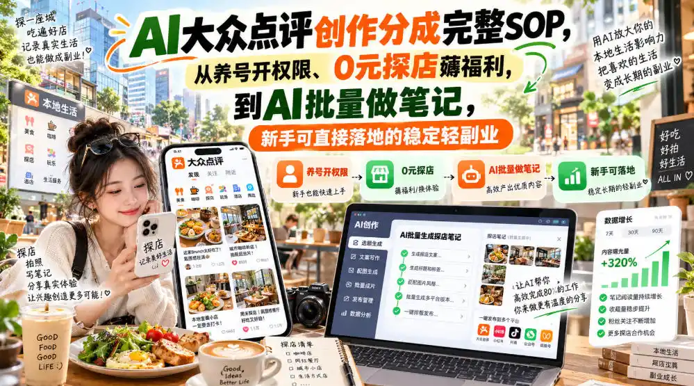 【无水印】AI大众点评创作分成完整SOP,从养号开权限、0元探店薅福利,到AI批量做笔记,新手可直接落地的稳定轻副业-二当家网创资源站