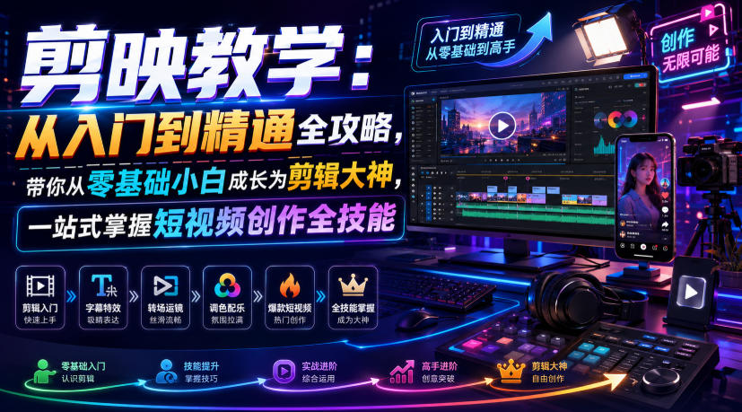 剪映教学:从入门到精通全攻略,带你从零基础小白成长为剪辑大神,一站式掌握短视频创作全技能-二当家网创资源站