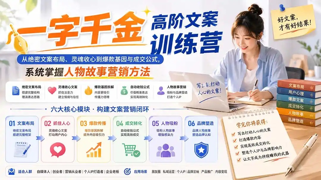 一字千金高阶文案训练营：从绝密文案布局、灵魂收心到爆款基因与成交公式，系统掌握人物故事营销方法-二当家网创资源站