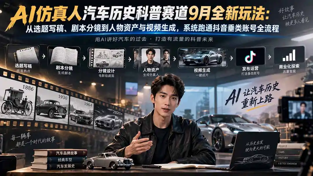 AI仿真人汽车历史科普赛道9月全新玩法:从选题写稿、剧本分镜到人物资产与视频生成,系统跑通抖音垂类账号全流程-二当家网创资源站