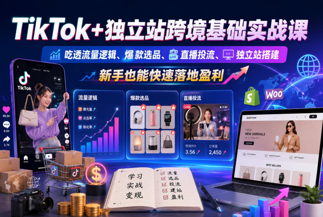 TikTok+独立站跨境基础实战课，吃透流量逻辑、爆款选品、直播投流与独立站搭建，新手也能快速落地盈利-二当家网创资源站