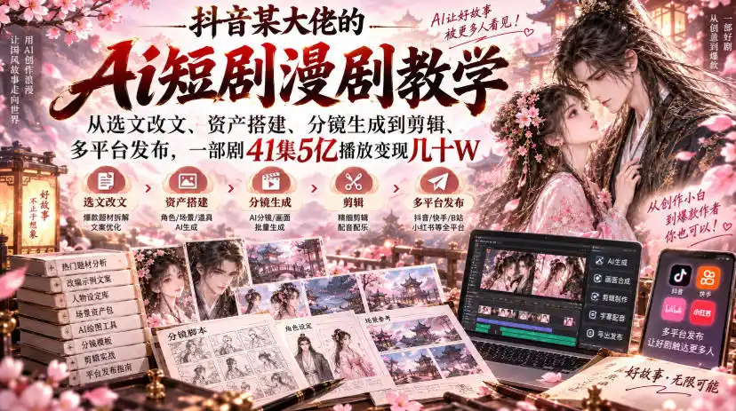 抖音某大佬的Ai短剧漫剧教学，从选文改文、资产搭建、分镜生成到剪辑、多平台发布，一部剧41集5亿播放变现几十W-二当家网创资源站