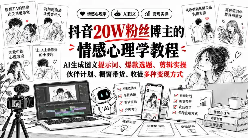 抖音20W粉丝博主静候心声的情感心理学教程,AI生成图文提示词、爆款选题、剪辑实操,伙伴计划、橱窗带货、收徒多种变现方式-二当家网创资源站