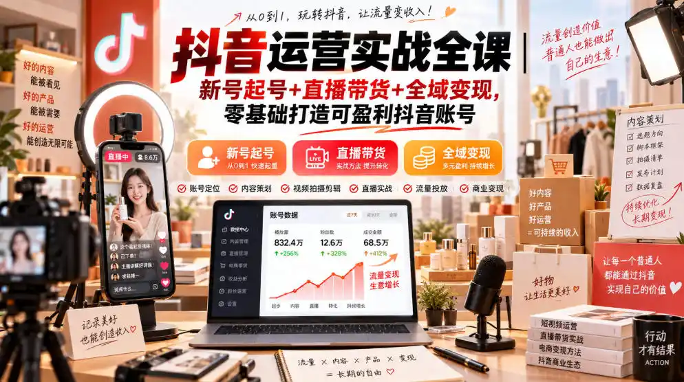 抖音运营实战全课｜新号起号+直播带货+全域变现，零基础打造可盈利抖音账号-二当家网创资源站