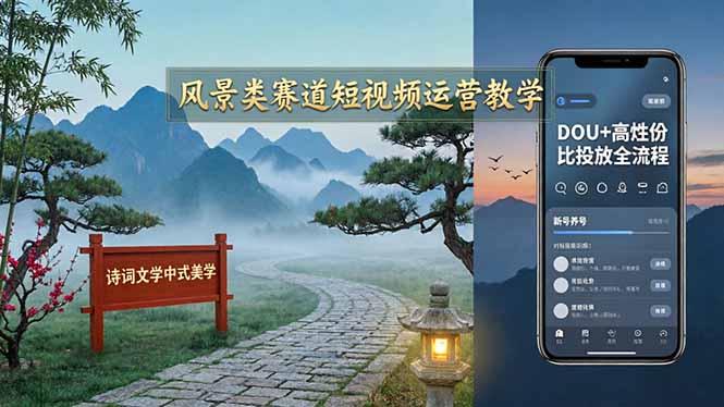 风景类赛道短视频运营教学：诗词文学中式美学，新号养号对标账号定位，DOU+高性价比投放全流程-二当家网创资源站