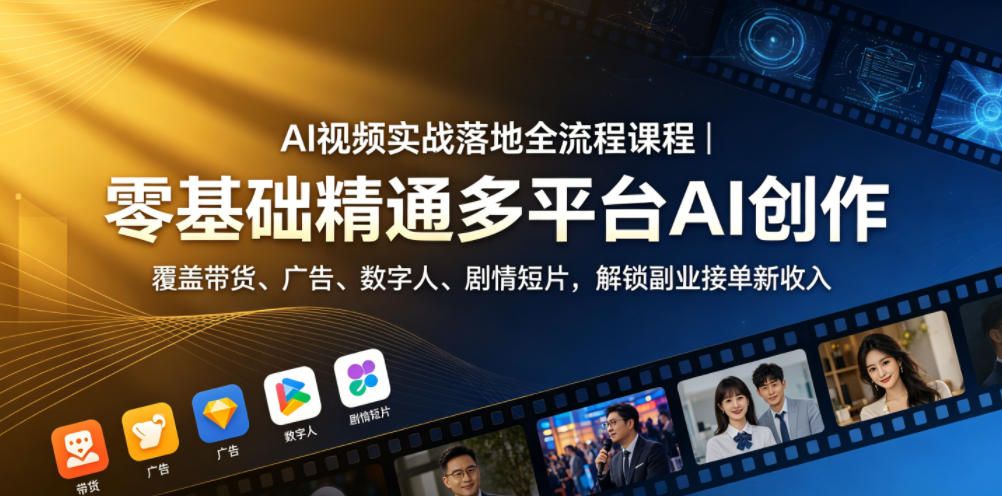 AI视频实战落地全流程课程｜零基础精通多平台AI创作，覆盖带货、广告、数字人、剧情短片，解锁副业接单新收入-二当家网创资源站