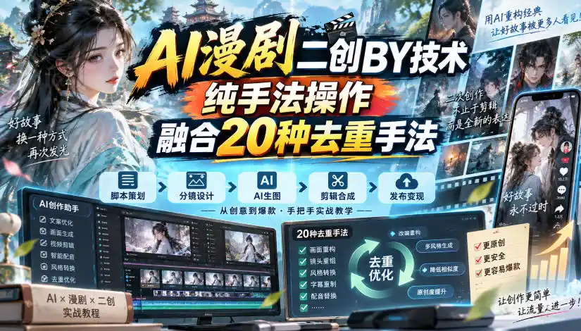 AI漫剧二创搬运技术,纯手法操作,融合20种去重手法-二当家网创资源站