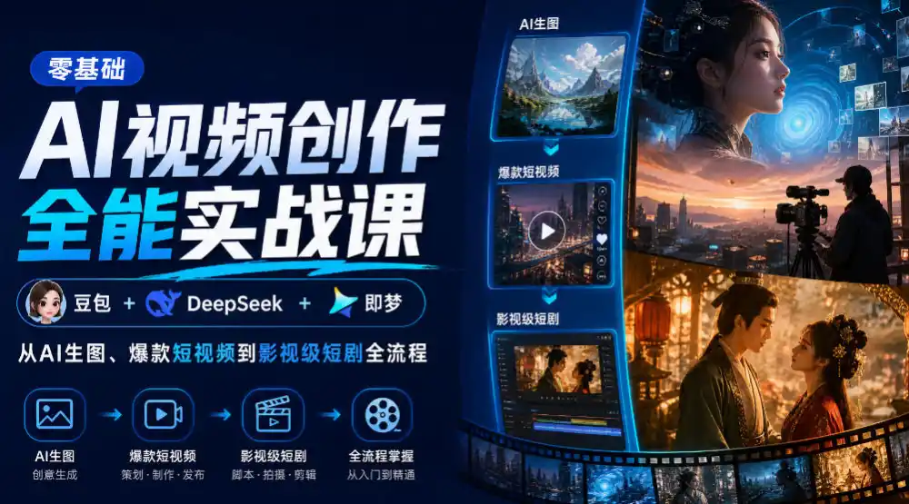 零基础AI视频创作全能实战课|豆包+DeepSeek+即梦,从AI生图、爆款短视频到影视级短剧全流程-二当家网创资源站