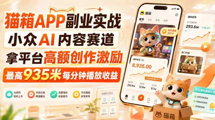 猫箱APP副业实战，小众AI内容赛道，拿平台高额创作激励，最高935米每分钟播放收益-二当家网创资源站
