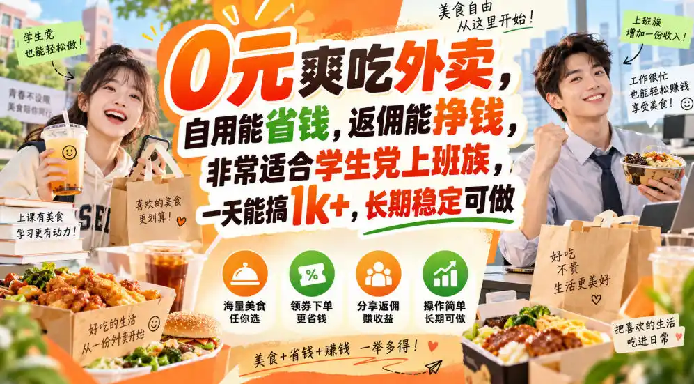 0元爽吃外卖,自用能省钱,返佣能挣钱,非常适合学生党上班族,一天能搞1k+,长期稳定可做-二当家网创资源站