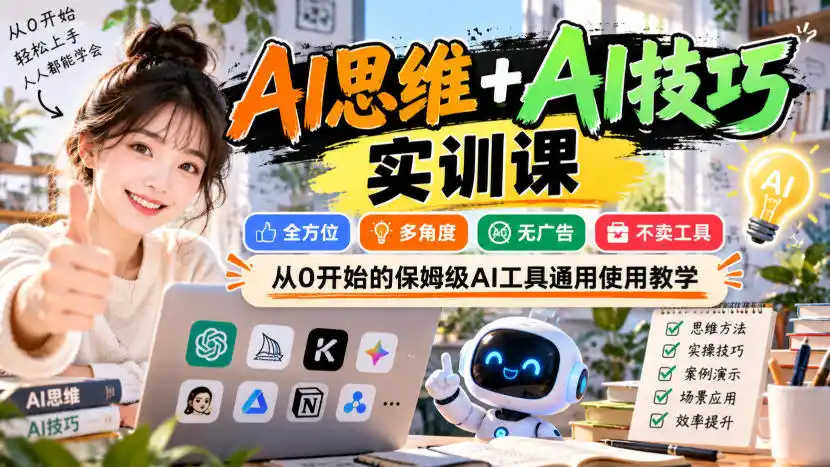 【无水印】AI思维+AI技巧实训课,全方位、多角度、无广告、不卖工具,从0开始的保姆级AI工具通用使用教学-二当家网创资源站