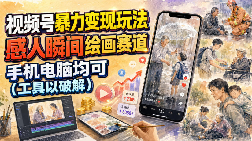视频号暴力变现玩法，感人瞬间绘画赛道，手机电脑均可-二当家网创资源站