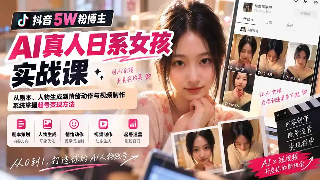 抖音5W粉博主AI真人日系女孩实战课:从剧本、人物生成到情绪动作与视频制作,系统掌握起号变现方法-二当家网创资源站