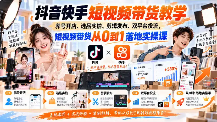 抖音快手短视频带货教学|养号开店、选品实拍、剪辑发布、双平台投流,短视频带货从0到1落地实操课-二当家网创资源站