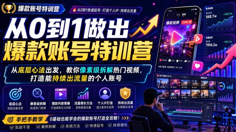 从0到1做出爆款账号特训营，从底层心法出发，教你像素级拆解热门视频，打造能持续出流量的个人账号-二当家网创资源站