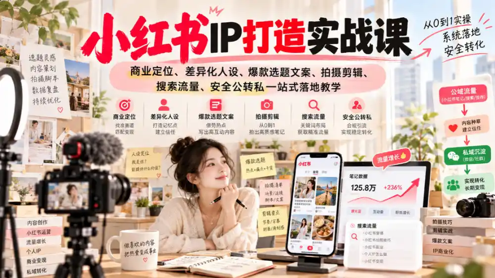 小红书ip打造实战课,商业定位、差异化人设、爆款选题文案、拍摄剪辑、搜索流量、安全公转私一站式落地教学-二当家网创资源站