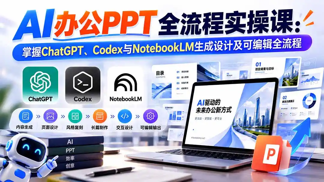 【无水印】AI办公PPT全流程实操课: 掌握ChatGPT、Codex与NotebookLM生成设计及可编辑全流程-二当家网创资源站
