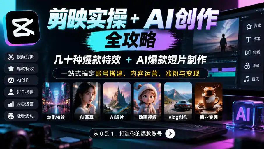 剪映实操+AI创作全攻略｜几十种爆款特效+AI爆款短片制作，一站式搞定账号搭建、内容运营、涨粉与变现-二当家网创资源站
