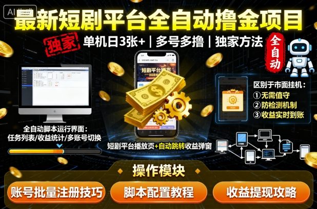 最新短剧平台全自动挂G撸金项目，单机一天3张+，多号多撸，区别于市面所有挂机项目，独家方法【揭秘】-二当家网创资源站