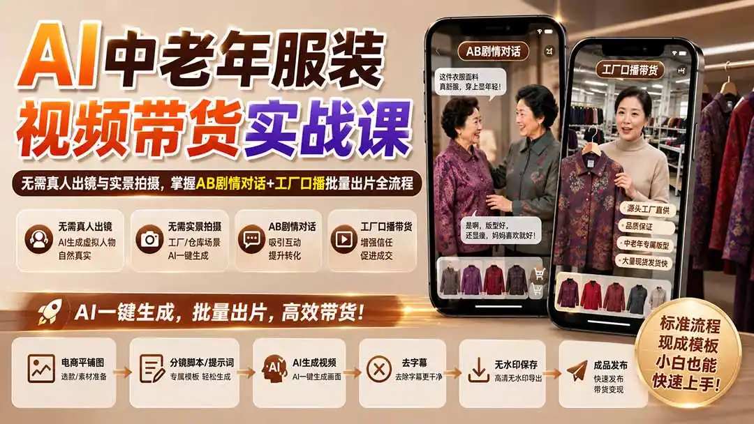 AI中老年服装视频带货实战课：无需真人出镜与实景拍摄，掌握AB剧情对话+工厂口播批量出片全流程-二当家网创资源站