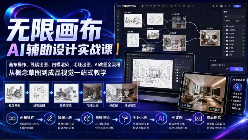 无限画布AI辅助设计实战课|画布操作、线稿出图、白模渲染、毛坯出图、AI改图全流程,从概念草图到成品视觉一站式教学-二当家网创资源站